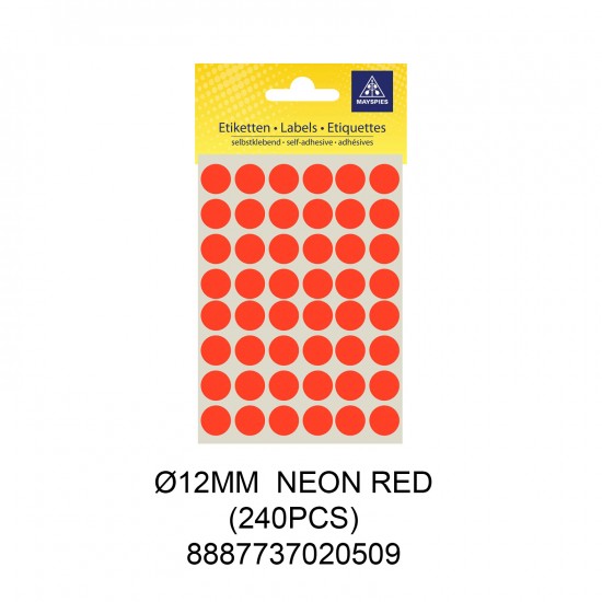 MAYSPIES MS012 COLOUR DOT LABEL / 5 SHEETS/PKT / 240PCS / ROUND 12MM NEON RED